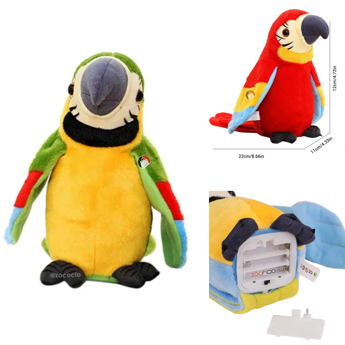 Vista 3 de Loro Bailarín Peluche Parlanchín Repite - COLOR: Cactu